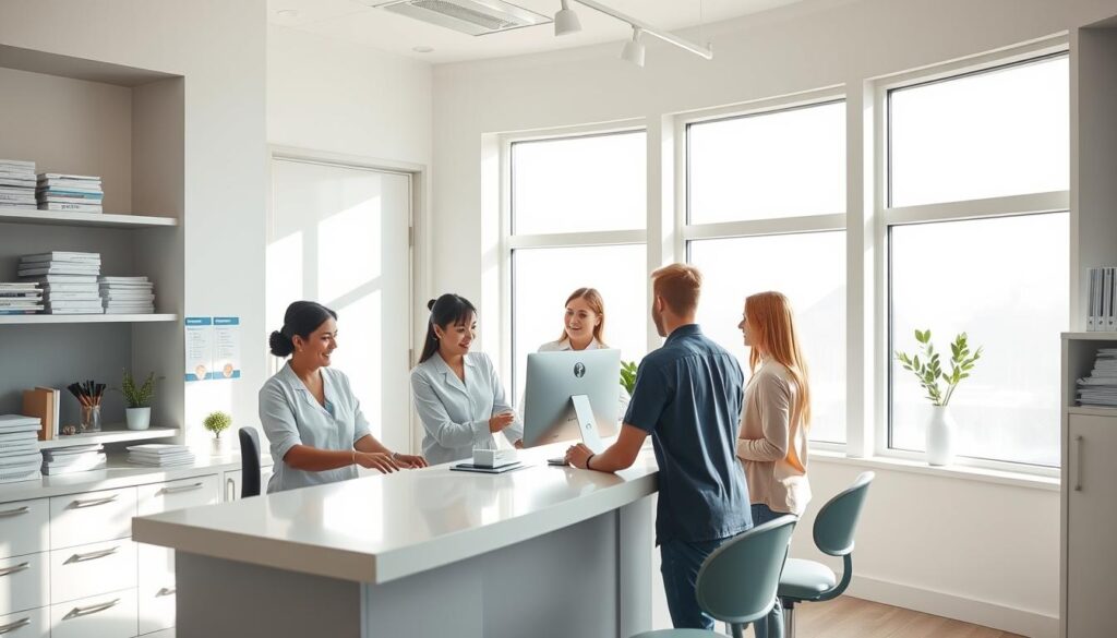 A modern, clean-lined dental clinic reception desk, bathed in soft natural light streaming through large windows. Patients consult with staff at the counter, reviewing financial documents and payment plans on a sleek computer screen. Calming pastel accents and minimalist decor create a professional yet welcoming atmosphere. In the background, a neatly organized filing cabinet and shelves hold insurance forms, patient records, and accounting materials. Attention to detail in the financial management processes is evident, reflecting the clinic's commitment to efficient, transparent patient care.