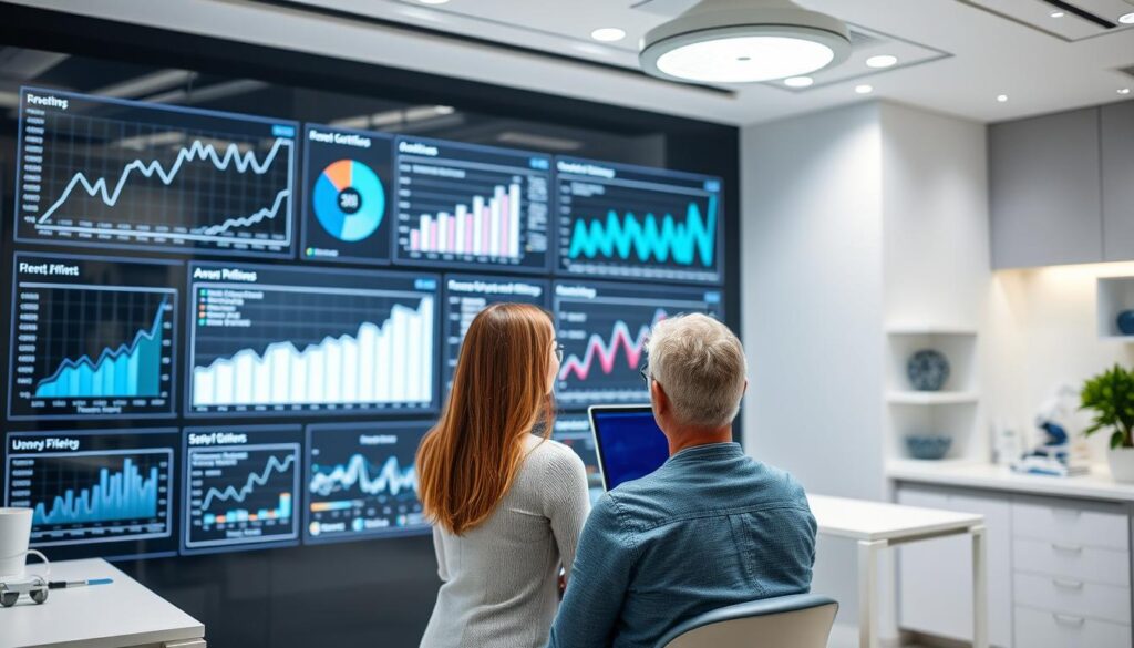 A modern, clean-lined dental clinic set against a backdrop of digital graphs, charts, and analytics dashboards. In the foreground, a dentist consults with a patient, discussing personalized SEO strategies to boost their online visibility and attract new clients. The lighting is bright and professional, with a focus on the human elements of the scene. The overall aesthetic conveys a balance of medical expertise and technological savvy, showcasing the clinic's commitment to innovative digital marketing approaches.