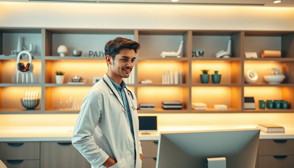 A modern, clean-lined dental office with a sleek, digital-forward aesthetic. In the foreground, a young dentist stands at a computer, reviewing analytics on a high-resolution monitor. Shelves in the background display state-of-the-art dental equipment and tools, conveying a sense of professionalism and technological expertise. Warm, indirect lighting casts a soft glow, creating an inviting and approachable atmosphere. The overall scene communicates the idea of digital marketing strategies seamlessly integrated into a thriving, technology-driven dental practice.