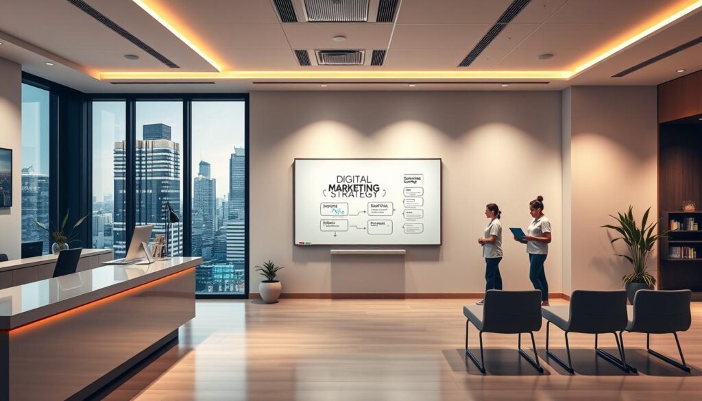 A modern, clean-lined medical clinic interior with a focus on strategic digital marketing planning. A sleek reception desk and waiting area in the foreground, with a large whiteboard displaying a digital marketing strategy in the middle ground. The background features a team of healthcare professionals collaborating on a laptop, against a backdrop of large windows overlooking a vibrant cityscape. Warm, directional lighting illuminates the scene, creating a sense of professionalism and forward-thinking. The overall mood is one of focused, technology-driven excellence in dental practice management.