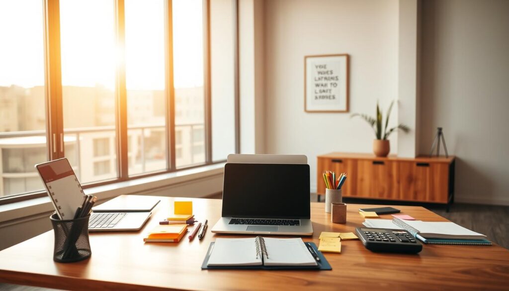A modern, clean-lined office interior with a large wooden desk, a laptop, and several colorful sticky notes arranged in an organized fashion. Warm, natural lighting filters in through large windows, creating a bright, productive atmosphere. On the desk, various office supplies such as pens, a calculator, and a planner are neatly organized, suggesting an efficient and well-managed workspace. The walls feature minimalist decor, perhaps a framed motivational quote or a simple plant, complementing the overall professional and organized aesthetic. The composition emphasizes the desk and its contents, highlighting the key elements of efficient office management.