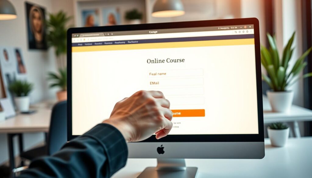 A modern, clean-looking computer screen displaying a website or online course registration form. The screen is well-lit with a warm, inviting glow and a minimalist user interface. In the foreground, a human hand is interacting with the form, filling out fields such as name, email, and course selection. The background features blurred office elements like a desk, chair, and plants, creating a professional, productive atmosphere. The overall composition conveys the ease and convenience of enrolling in an online course.