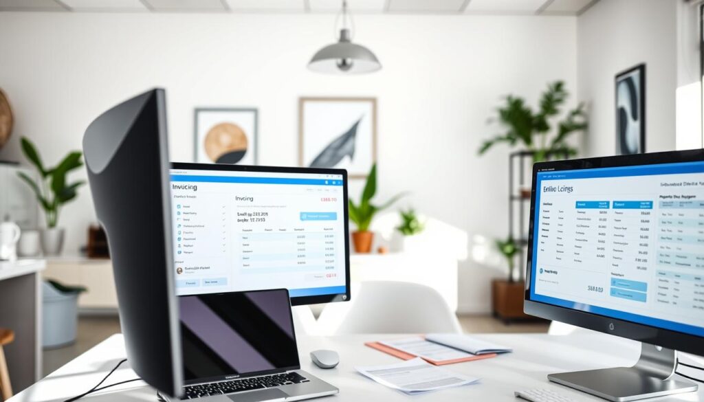 A modern, clean-looking dental clinic office with a focus on the automated billing and invoicing process. In the foreground, a computer monitor displays a dental practice management software interface, showcasing seamless digital invoicing and payment processing. In the middle ground, a desk with a laptop, paperwork, and other office equipment suggests an efficient, organized workflow. The background features tasteful decor, such as minimalist wall art and potted plants, creating a professional and welcoming atmosphere. The lighting is bright and natural, conveying a sense of productivity and innovation in the dental practice's financial management.