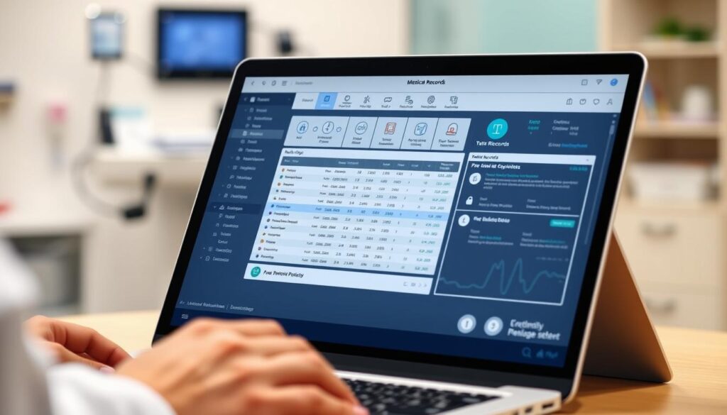 A modern, clean-looking electronic medical record system, with a sleek user interface displayed on a laptop or tablet screen. The foreground shows a clinician navigating through patient records, test results, and medication details with a focused, efficient expression. The middle ground features a minimalist yet functional layout, with clear icons and well-organized data panels. The background subtly suggests a professional, medical environment, perhaps with a blurred view of medical equipment or a clinic interior. The overall mood is one of technological sophistication, medical expertise, and streamlined healthcare management.