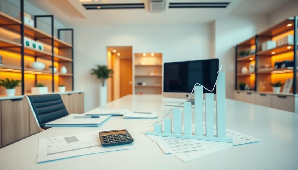 A modern, clean-looking office interior with a large desk, shelves, and a computer monitor. The desk has various financial documents, a calculator, and a stylized graph or chart displaying financial data. Warm, indirect lighting creates a professional, yet cozy atmosphere. The space conveys a sense of organization, attention to detail, and financial control. The overall scene reflects the importance of financial management for a successful dental clinic.
