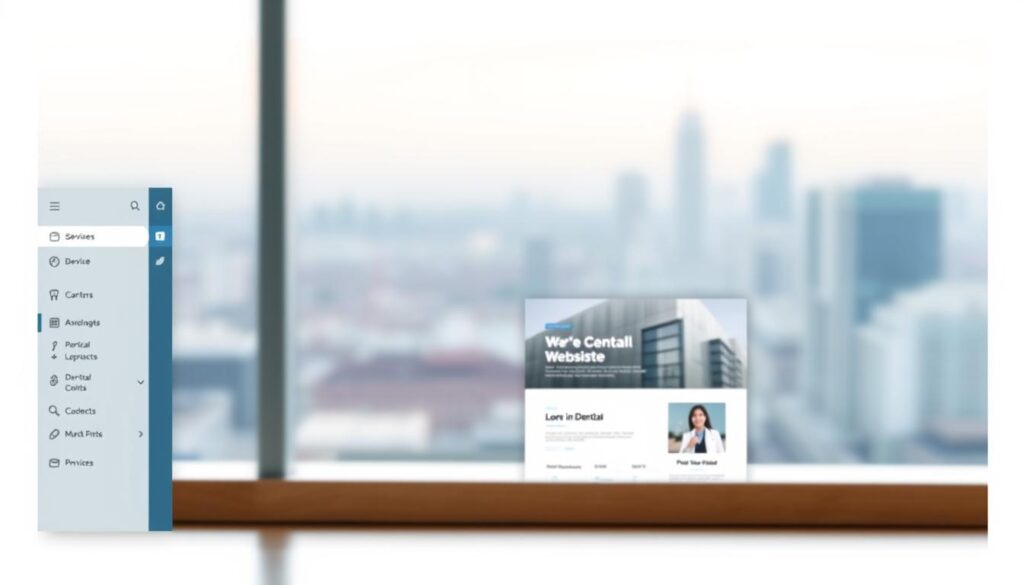 A modern, clean-looking website dashboard with a focus on dental services and tools. The foreground features various website-building icons, menus, and customization options. The middle ground showcases a preview of a professional-looking dental website template, with a minimalist design and calming color scheme. The background depicts a serene, out-of-focus cityscape, with gentle lighting and a slightly blurred effect to create a sense of depth and atmosphere. The overall mood is one of efficiency, ease of use, and a high-quality digital experience tailored for dental practices.