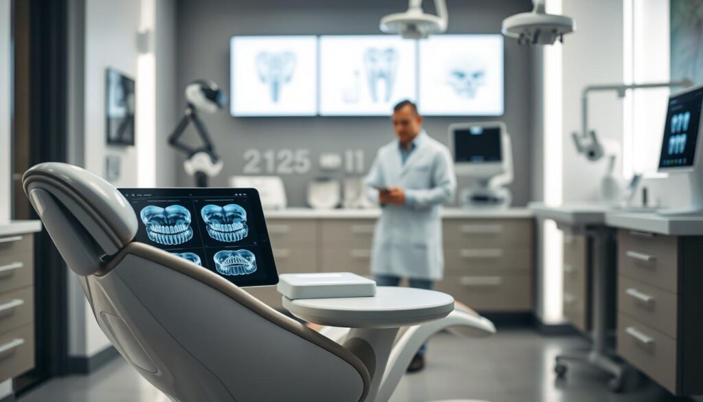 A modern dental clinic, bathed in soft, natural lighting. In the foreground, a high-tech dental chair with a sleek, minimalist design. On the side table, a tablet displaying intricate 3D scans of a patient's teeth. In the middle ground, a dentist examining the scans, their brow furrowed in concentration. Behind them, a wall-mounted display showcases the latest dental technologies - virtual reality headsets, robotic dental tools, and cutting-edge diagnostic equipment. The atmosphere is one of innovation and precision, reflecting the advancements transforming the field of dentistry in 2025.
