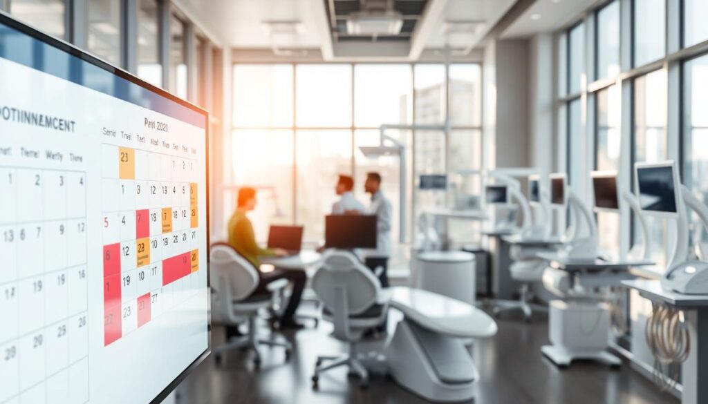 A modern dental clinic, flooded with natural light from large windows. In the foreground, a digital appointment calendar projected on a sleek touchscreen display, allowing easy scheduling and management of patient visits. In the middle ground, a team of dental professionals gathered around a central workstation, collaborating on treatment plans and patient records accessed through integrated software. In the background, rows of state-of-the-art dental equipment and diagnostic tools, seamlessly integrated with a comprehensive patient data system. The atmosphere is one of efficiency, innovation, and patient-centric care, reflecting the power of technology to transform the modern dental practice.
