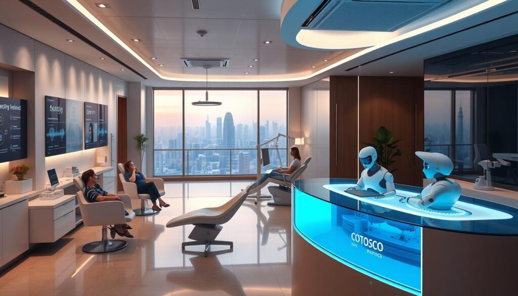 A modern dental clinic in 2025, equipped with cutting-edge technology. In the foreground, a sleek and minimalist reception desk with a holographic display showcasing the clinic's services. Nearby, patients relax in ergonomic chairs, while a robotic dental assistant performs a routine check-up on one of them. In the middle ground, the clinic's interior features clean lines, natural lighting, and a soothing color palette. The background reveals a panoramic view of a futuristic cityscape, hinting at the clinic's advanced integration with smart city infrastructure. The overall atmosphere conveys a sense of innovation, efficiency, and patient-centered care, reflecting the latest trends in modern dentistry.