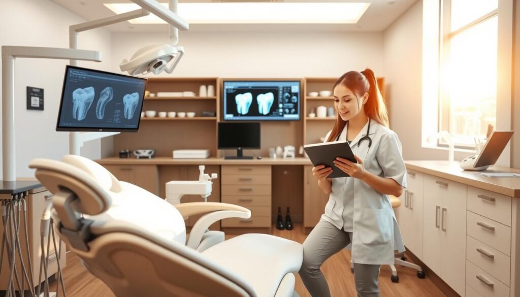 A modern dental clinic interior, bathed in warm, natural lighting. In the foreground, a sleek, minimalist dental chair with advanced diagnostic equipment. In the middle ground, a technician using a digital tablet to review patient records, showcasing the integration of technology into the clinical workflow. The background reveals a neatly organized workspace, with shelves of specialized instruments and a large, high-resolution monitor displaying 3D scans or treatment plans. An atmosphere of professionalism, efficiency, and patient-centered care permeates the scene.
