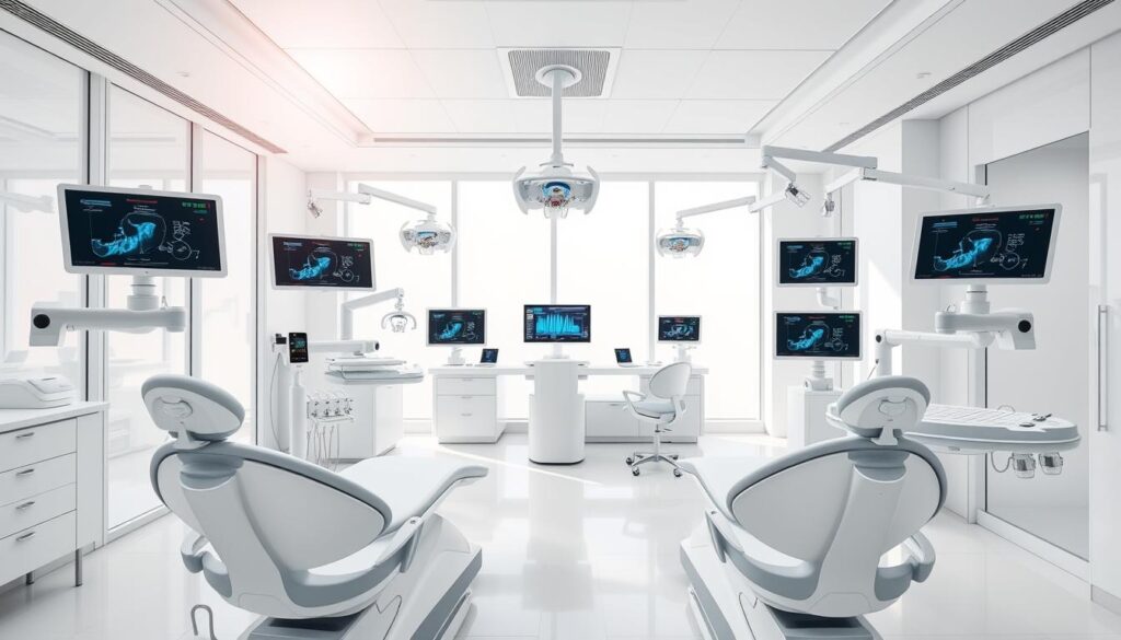 A modern dental clinic interior, bright and airy, showcasing the latest technological innovations. In the foreground, sleek dental chairs equipped with digital displays, robotic arms, and precision instruments. In the middle ground, a central control station with touchscreen interfaces, data visualization dashboards, and wireless patient monitoring systems. The background features a clean, minimalist design with floor-to-ceiling windows allowing natural light to flood the space. A sense of efficiency, precision, and patient-centric care permeates the scene, capturing the essence of state-of-the-art dental technology.