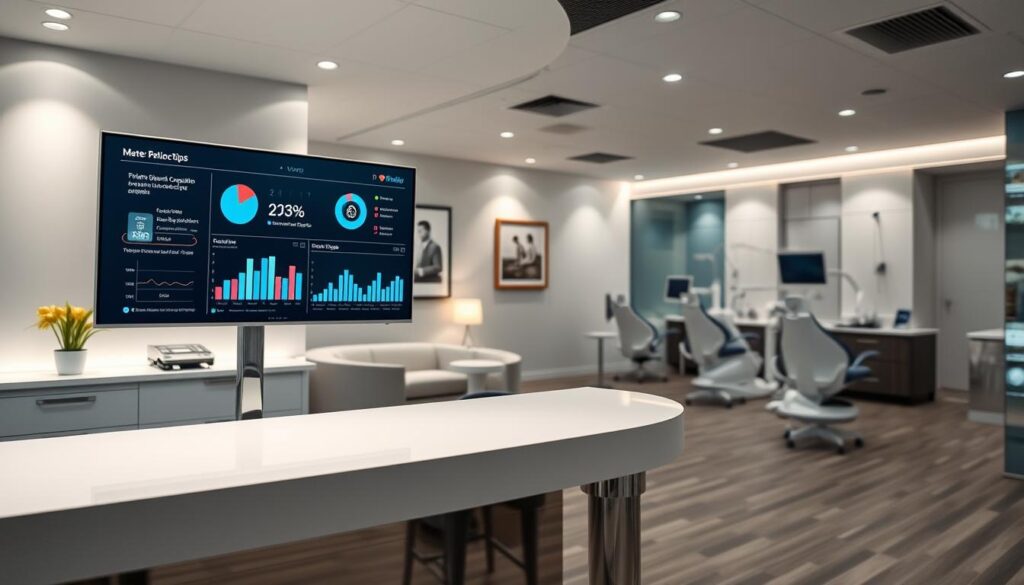 A modern dental clinic interior with a focus on performance indicators displayed on sleek, minimalist screens and dashboards. The foreground features a gleaming, chrome-accented reception desk with digital touchscreens showcasing key metrics like patient satisfaction, treatment completion rates, and revenue trends. The middle ground shows a well-lit, spacious waiting area with contemporary furniture and calming artwork, while the background reveals state-of-the-art operatories equipped with the latest dental technology. Soft, indirect lighting creates a professional yet welcoming atmosphere, and the overall composition conveys a sense of efficiency, data-driven decision making, and a commitment to delivering exceptional patient care.