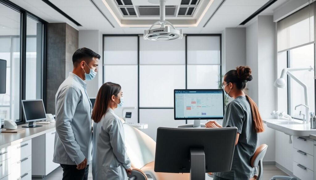 A modern dental clinic interior with a focus on the dental team optimizing their time. In the foreground, a group of dental professionals - dentist, hygienist, assistant - collaborating around a computer screen, reviewing schedules and coordinating workflows. The middle ground features ergonomic workstations, efficient instrument layouts, and seamless patient flow. In the background, natural light filters through large windows, creating a calming, therapeutic atmosphere. Subdued colors, clean lines, and minimalist decor convey a sense of professionalism and organization. The lighting is soft, indirect, and enhances the clinical yet welcoming ambiance. The camera angle is slightly elevated, providing an overview of the well-coordinated, time-optimized dental practice.