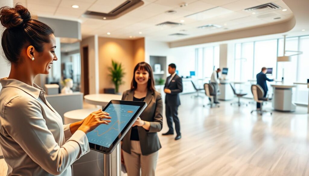 A modern dental clinic interior with a spacious and well-organized reception area. In the foreground, a friendly receptionist assists a patient with check-in procedures on a sleek, touchscreen interface. The middle ground features a comfortable waiting lounge with ergonomic chairs and soothing decor, creating a calming atmosphere. In the background, a panoramic view of the clinic's treatment rooms, where dentists and dental hygienists provide personalized care to patients, utilizing the latest digital technologies and patient management software. The lighting is soft and warm, conveying a sense of professionalism and patient-centric focus. The overall scene portrays an efficient, technology-driven dental practice dedicated to delivering exceptional patient experiences.
