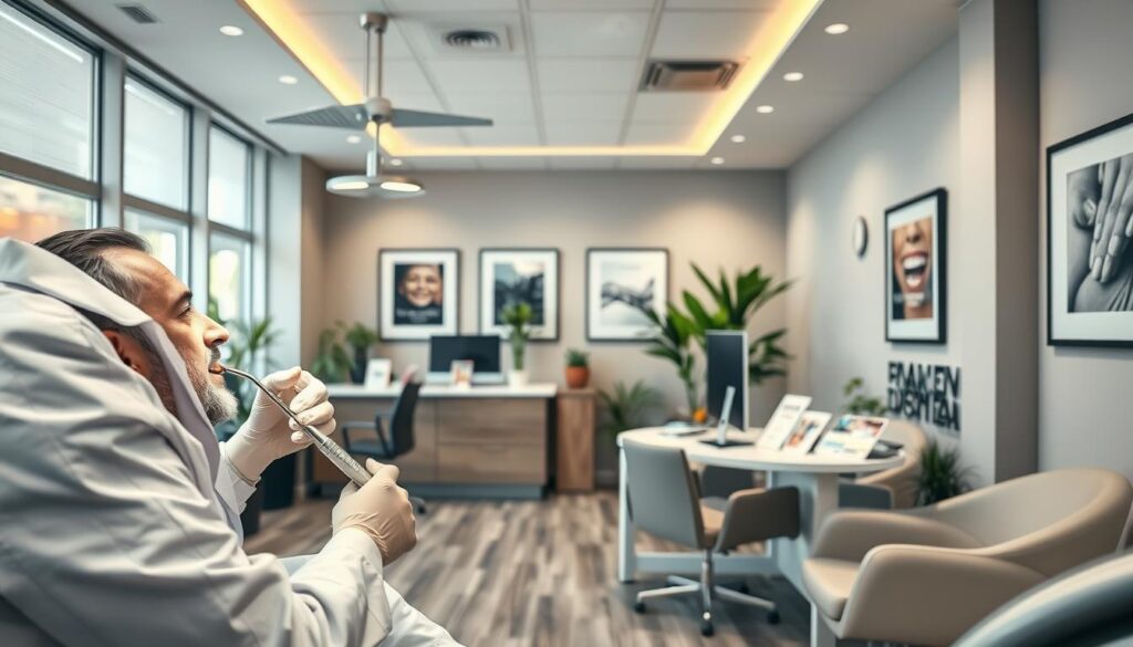 A modern dental clinic interior with a warm, inviting atmosphere. In the foreground, a dentist in a white coat examines a patient's teeth using a dental mirror and probe. The middle ground features a receptionist's desk with a computer and brochures promoting various dental services. In the background, the waiting area has comfortable chairs, framed artwork, and potted plants, creating a calming ambiance. The lighting is soft and diffused, with a mix of natural light from large windows and subtle overhead fixtures. The overall composition suggests a professional, patient-centric dental practice focused on traditional marketing techniques to attract and retain clients.