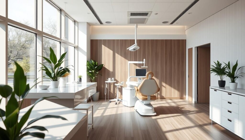 A modern dental clinic interior with a warm, inviting atmosphere. The foreground features a reception desk with minimalist decor, comfortable seating, and potted plants. The middle ground showcases a well-equipped dental chair and medical equipment, conveying professionalism. The background depicts large windows allowing natural light to flood the space, creating a bright and airy ambiance. The overall mood is one of calm, efficiency, and attention to patient comfort. The image should emphasize the clinic's offline marketing strategies through the thoughtful, aesthetic design of the physical space.