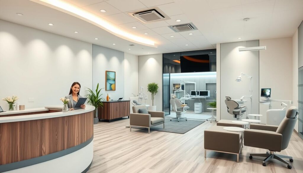 A modern dental clinic interior with a warm, welcoming atmosphere. In the foreground, a friendly receptionist greets patients at a sleek, minimalist reception desk. The middle ground features a comfortable waiting area with plush chairs and soft, natural lighting. In the background, various examination rooms are visible, equipped with state-of-the-art dental equipment and soothing decor to put patients at ease. The overall scene conveys a sense of professionalism, attention to detail, and a focus on patient-centric care.