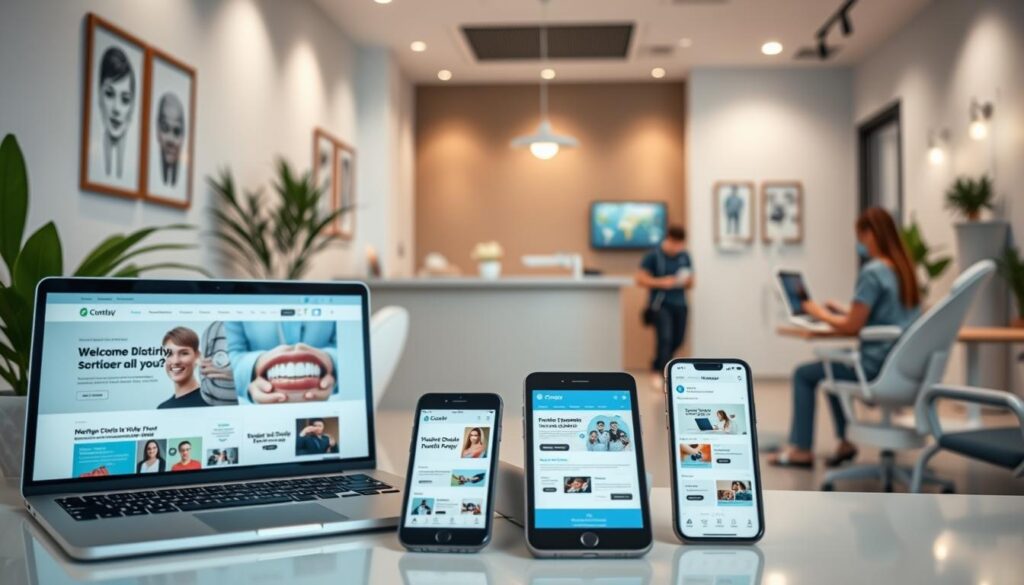 A modern dental clinic interior with a welcoming and professional ambiance. The foreground showcases various digital marketing materials such as a laptop, tablet, and smartphone displaying website designs, social media posts, and online advertising campaigns. The middle ground features a reception desk with a friendly receptionist and patients engaged with digital devices. The background depicts a clean, well-lit space with dental equipment, plants, and minimalist decor, creating a calming and trustworthy atmosphere. Soft, diffused lighting illuminates the scene, emphasizing the harmonious integration of digital technologies and personalized patient care within the clinic setting.