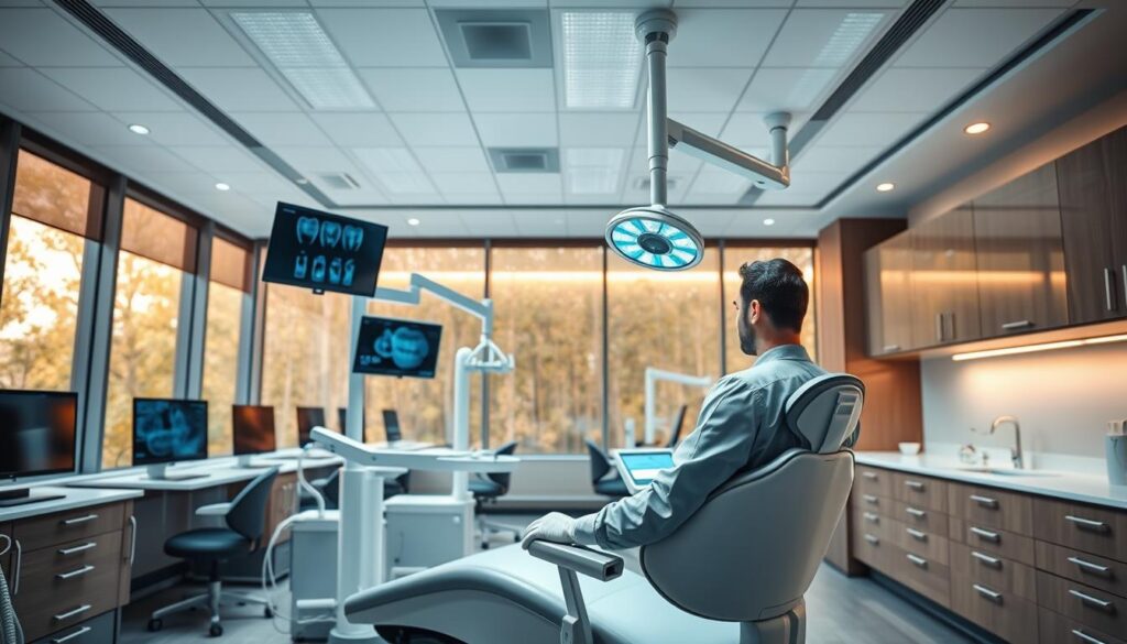 A modern dental clinic interior with advanced technology. In the foreground, a dentist uses a high-tech dental chair and cutting-edge diagnostic equipment. The middle ground features rows of computer workstations and sleek medical cabinets. The background showcases large windows allowing natural light to flood the space, creating a warm, welcoming atmosphere. The lighting is a harmonious blend of ambient and task-focused illumination. The overall scene conveys a sense of professionalism, efficiency, and patient-centric care enabled by the integration of innovative technology.