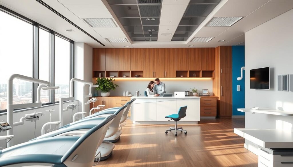 A modern dental clinic interior with clean, minimalist design. In the foreground, a row of dental chairs with sleek, ergonomic designs and state-of-the-art equipment. In the middle ground, a reception desk with a friendly staff member assisting a patient. The background features bright, airy windows overlooking a pleasant urban landscape. The lighting is soft and even, creating a calming, professional atmosphere. The overall color palette is warm and inviting, with accents of dental-themed blue and white. The image conveys a sense of efficiency, comfort, and trust - the hallmarks of a successful, patient-centric dental practice.