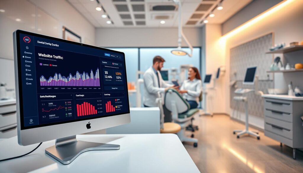 A modern dental clinic interior with clean, minimalist design. The foreground features a desktop computer with an SEO dashboard displayed on the screen, highlighting website traffic analytics and keyword rankings. In the middle ground, a dentist consults with a patient, discussing digital marketing strategies to grow the clinic's online presence. The background showcases an array of dental tools and equipment, conveying the clinic's focus on providing high-quality, technology-driven care. The lighting is warm and inviting, creating a professional yet approachable atmosphere. The scene is captured with a wide-angle lens to showcase the depth and breadth of the clinic's digital marketing setup.