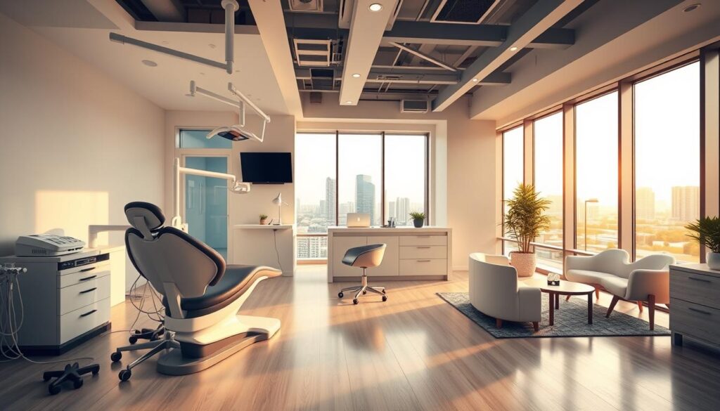 A modern dental clinic interior with clean, minimalist design. The foreground features a stylized dental chair and equipment, conveying a sense of advanced technology and patient comfort. The middle ground showcases a reception desk and seating area, with ergonomic furniture and calming neutral tones. The background reveals large windows overlooking a cityscape, bathed in warm, natural lighting that creates a serene, professional atmosphere. The overall composition suggests a forward-thinking, patient-centric approach to dental practice management, reflecting the latest trends in the industry.