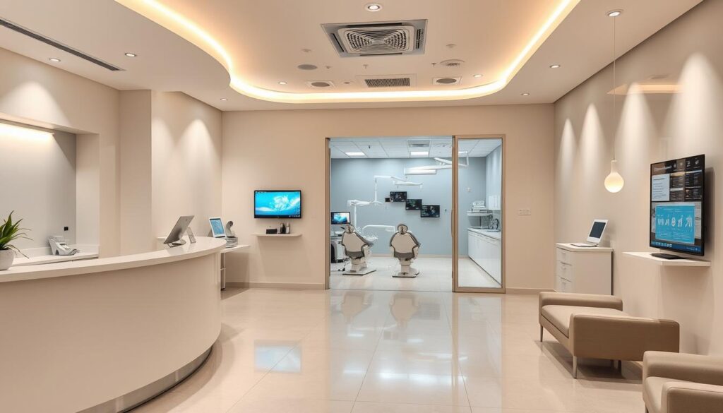 A modern dental clinic interior with sleek, minimalist design. A large, well-lit reception area with a curved information desk and plush seating. In the background, an open doorway leads to a spacious treatment room, equipped with state-of-the-art dental chairs and advanced diagnostic equipment. Soft, ambient lighting creates a calming atmosphere, while digital displays showcase various dental management software interfaces. The overall scene conveys a sense of professionalism, efficiency, and a commitment to patient comfort and care.