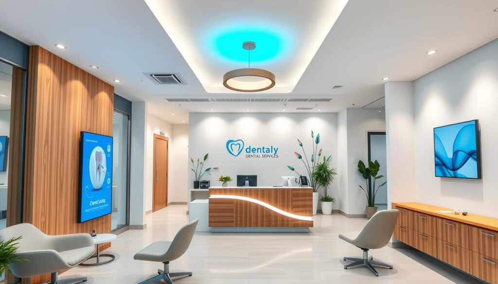 A modern dental clinic interior with sleek, minimalist design. In the foreground, a patient consultation area features comfortable chairs and a large digital display showcasing dental services. The middle ground highlights a reception desk with a warm wood finish and a sophisticated lighting fixture overhead. In the background, the clinic's branding is prominently displayed on the wall, complemented by calming nature-inspired artwork. The overall atmosphere conveys professionalism, innovation, and a commitment to patient-centric care. Soft, diffused lighting creates a pleasant, inviting ambiance. The scene is captured with a wide-angle lens to emphasize the clinic's spacious, open layout.