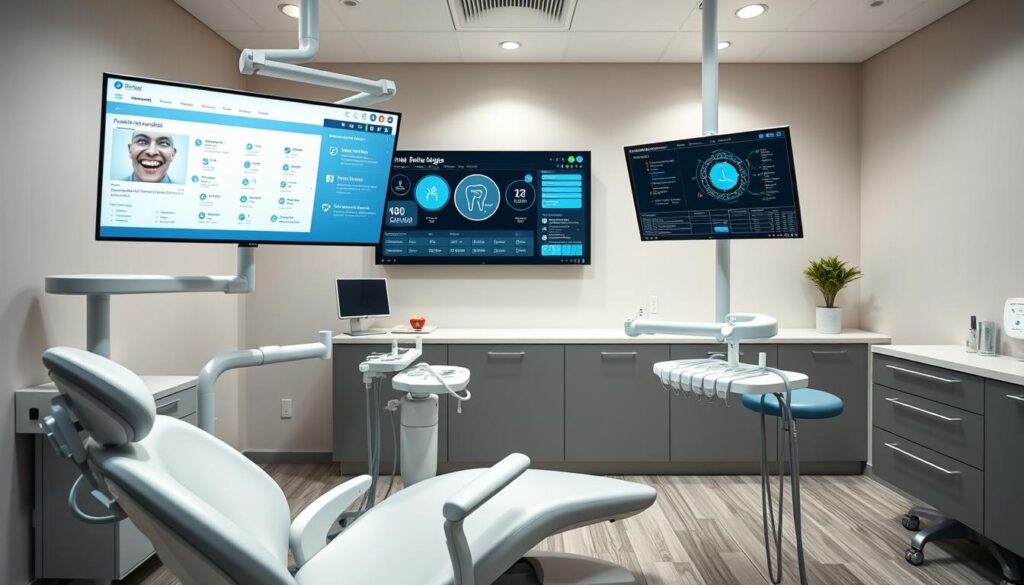 A modern dental clinic interior with sleek software interfaces displayed on high-resolution monitors. The foreground features a state-of-the-art dental chair, medical instruments, and digital diagnostic screens. The middle ground showcases intuitive patient management software, scheduling tools, and secure cloud-based data storage. The background depicts a minimalist, well-lit office space with clean lines, neutral tones, and subtle technological accents, conveying a sense of professionalism and technological sophistication. Soft, directional lighting illuminates the scene, creating a warm, welcoming atmosphere. The composition emphasizes the integration of cutting-edge dental technology and software solutions, reflecting the future of efficient, patient-centric practice management.