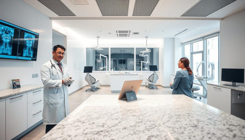 A modern dental clinic interior, with sleek white walls and chrome accents. In the foreground, a dentist consults with a patient, examining x-rays on a digital display. The middle ground features a reception desk with a polished granite countertop, where a receptionist assists other patients. In the background, several examination rooms are visible, each equipped with state-of-the-art dental chairs and equipment. Soft, indirect lighting creates a calming atmosphere, while large windows allow natural light to pour in. The overall scene conveys a sense of professionalism, efficiency, and patient-centric care, reflecting the successful implementation of dental practice management.