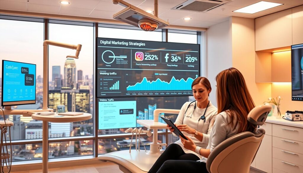 A modern dental clinic interior with warm lighting and clean, minimalist design. In the foreground, a dental hygienist consults with a patient on a tablet, discussing digital marketing strategies for the clinic. The middle ground features sleek, chrome dental equipment and a large digital display showcasing social media analytics and website traffic. In the background, a large window overlooks a bustling city skyline, symbolizing the clinic's online reach and digital presence. The overall scene conveys a sense of professionalism, technology, and the clinic's commitment to digital marketing to attract new patients.