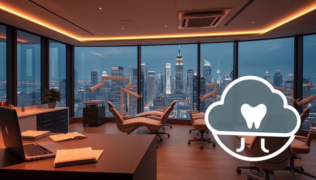 A modern dental clinic office overlooking a bustling city skyline. In the foreground, a desk with a laptop, files, and a stylized cloud storage icon. Warm, diffused lighting casts a serene glow throughout the space. The middle ground features rows of patient examination chairs, all connected to a secure cloud-based data management system. In the background, the cityscape is visible through floor-to-ceiling windows, emphasizing the convenience and accessibility of centralized cloud storage for the clinic. The atmosphere is one of professionalism, efficiency, and technological sophistication.