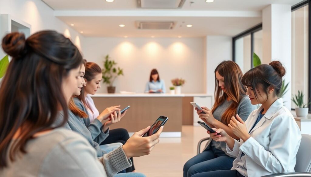 A modern dental clinic office with a warm, professional atmosphere. In the foreground, several patients are engaged in text-based communication with the clinic via sleek, user-friendly smartphone interfaces. The middle ground features a neatly organized reception area, with a friendly receptionist attending to patients. In the background, the clinic's clean, minimalist aesthetic is evident, with subtle lighting accents and potted plants adding a calming, natural touch. The overall scene conveys a sense of efficient, accessible patient-clinic communication facilitated by smart, automated text messaging systems.