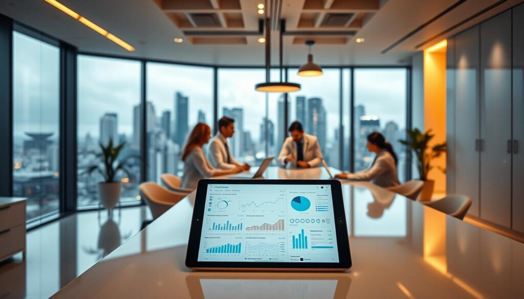 A modern dental clinic office with sleek, minimalist design. In the foreground, a digital tablet displaying various online marketing strategies and analytics dashboards. In the middle ground, a team of dental professionals collaborating over a large conference table, discussing digital outreach and patient engagement tactics. The background features a large window overlooking a bustling city skyline, symbolizing the clinic's digital reach and connectivity. Warm, professional lighting accentuates the clean, high-tech aesthetic. The overall mood evokes a sense of forward-thinking, data-driven approach to dental practice management and growth.