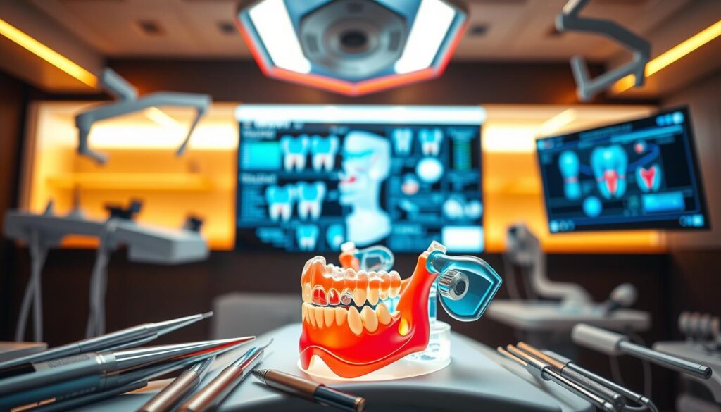A modern dental clinic setting, flooded with warm ambient lighting from sleek overhead fixtures. In the foreground, an array of cutting-edge dental tools and instruments - gleaming handpieces, intraoral cameras, and advanced diagnostic devices. The middle ground showcases a stylized 3D model of a human jaw, rendered in vibrant colors to highlight the intricate anatomical details. In the background, a large display screen projects detailed dental imagery, charts, and software interfaces, conveying the integration of digital technology into contemporary dental practice. The overall scene radiates a sense of sophistication, efficiency, and the seamless fusion of medical expertise with innovative technology.