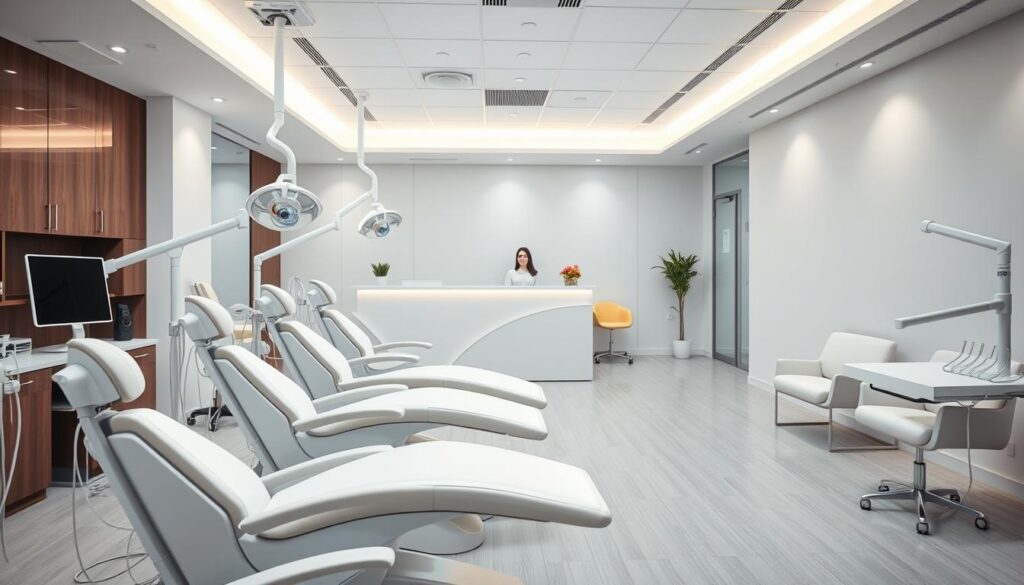 A modern dental clinic with a clean, professional aesthetic. In the foreground, a row of dental chairs with sleek, minimalist design, accompanied by state-of-the-art dental equipment arranged neatly. The middle ground features a reception desk with a friendly receptionist, and the background showcases a bright, well-lit waiting area with minimalist furniture and soothing colors. The lighting is warm and inviting, creating a calming atmosphere. The scene conveys a sense of trust, competence, and attention to detail, reflecting the high-quality dental services offered. The overall composition suggests a successful, well-managed dental practice focused on patient comfort and satisfaction.