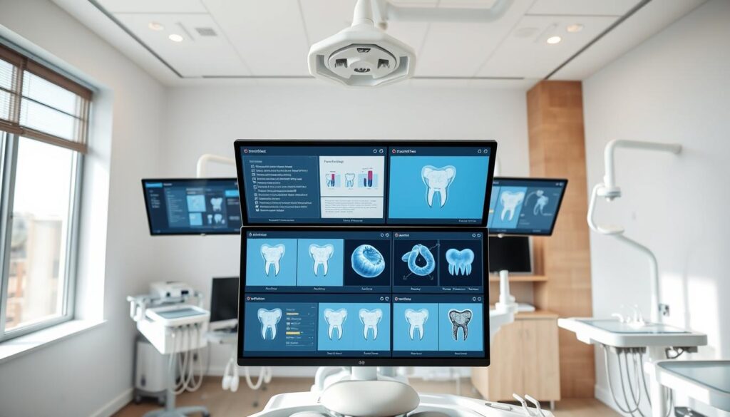 A modern dental clinic with a sleek and intuitive dental software interface displayed on several high-resolution computer monitors. The software showcases various features like patient management, electronic health records, scheduling, and digital imaging tools. The clinic has a clean, minimalist design with natural lighting and wooden accents, creating a calming and professional atmosphere. The dental equipment and instruments are neatly organized, reflecting the clinic's efficient and well-managed operations. The overall scene conveys a sense of technological advancement, seamless workflow, and a patient-centric approach to dental care.