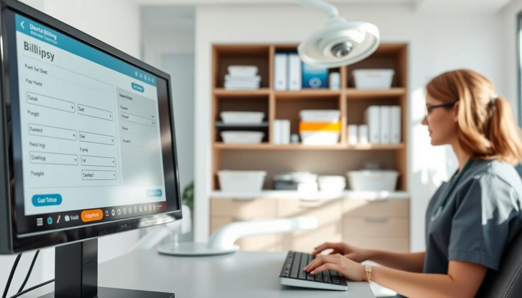 A modern dental clinic with a sleek, minimalist interior. The foreground features a computer monitor displaying a digital billing interface, with various input fields and payment options. The middle ground shows a nurse or administrator using the billing software, their hands typing on a keyboard. In the background, shelves of dental equipment and supplies create a sense of a well-equipped, efficient workspace. The lighting is bright and natural, creating a calm, professional atmosphere. The overall scene conveys the idea of a streamlined, automated billing process that helps optimize the dental practice's operations.