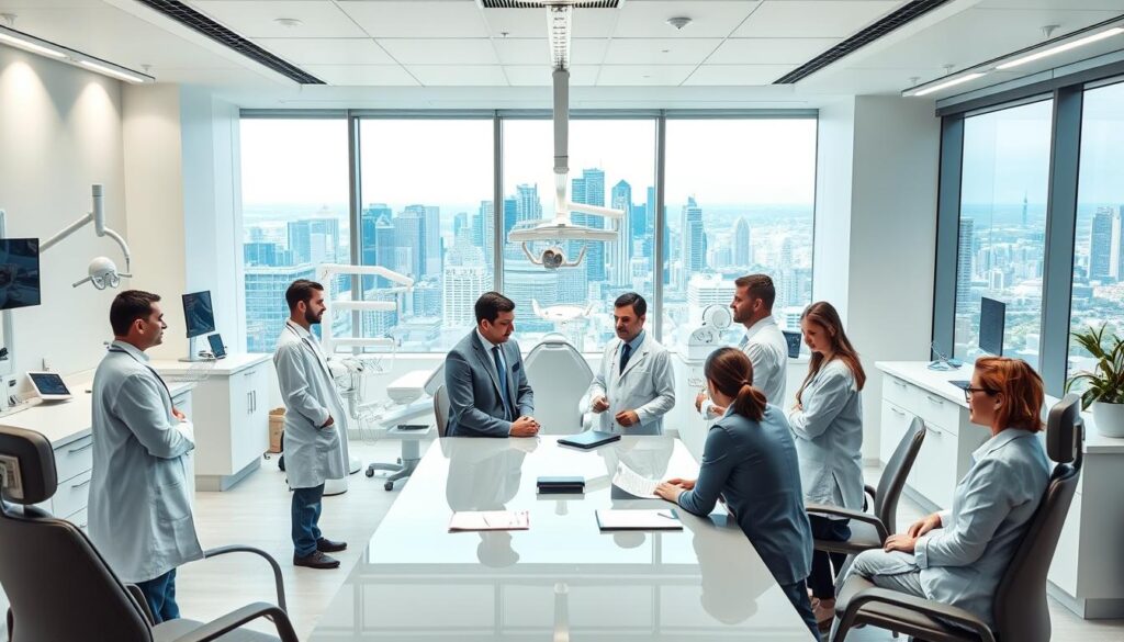 A modern dental clinic with a strategic planning meeting in progress. In the foreground, a group of doctors and staff members gathered around a sleek conference table, engaged in lively discussion. The middle ground features state-of-the-art medical equipment, pristine white walls, and floor-to-ceiling windows that let in natural light. The background showcases a panoramic view of a bustling city skyline, symbolizing the clinic's vision for growth and expansion. The lighting is soft and professional, creating a sense of focus and purpose. The overall atmosphere conveys a balance of medical expertise, strategic foresight, and a commitment to delivering exceptional patient care.