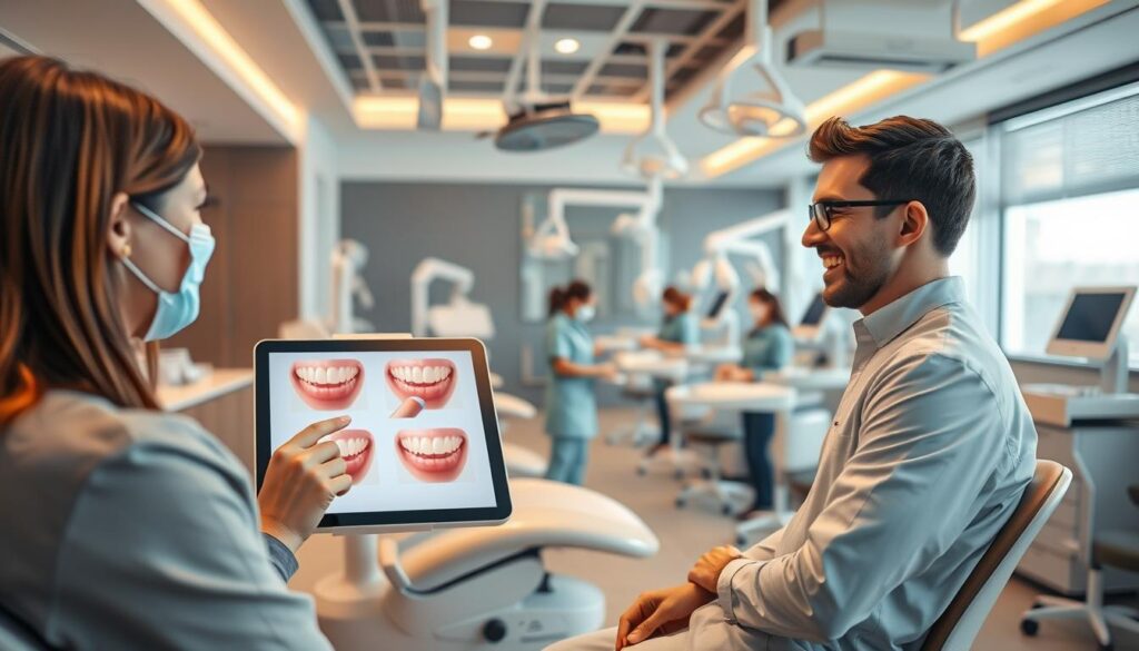 A modern dental clinic with a warm, inviting atmosphere. In the foreground, a dentist consults with a patient, explaining tooth-colored fillings and whitening procedures using a sleek touchscreen display. In the middle ground, a team of dental hygienists clean and polish patients' teeth under soft, natural lighting. In the background, rows of high-tech dental equipment and dental technology stand ready to serve a diverse range of dental needs. The overall mood conveys professionalism, innovation, and a patient-centric approach to modern dental care.