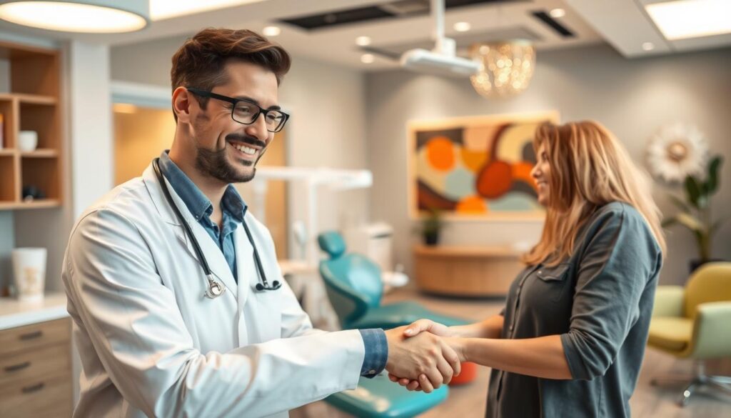 A modern dental clinic with a warm, inviting atmosphere. In the foreground, a friendly dentist shakes hands with a smiling patient, establishing a trusted relationship. The middle ground features a well-equipped treatment room, conveying professionalism and care. In the background, a reception area with comfortable seating and eye-catching decor, creating a sense of patient-centric design. Soft, natural lighting illuminates the scene, evoking a calming, personalized experience. The overall mood is one of patient satisfaction, quality service, and a commitment to long-term care.