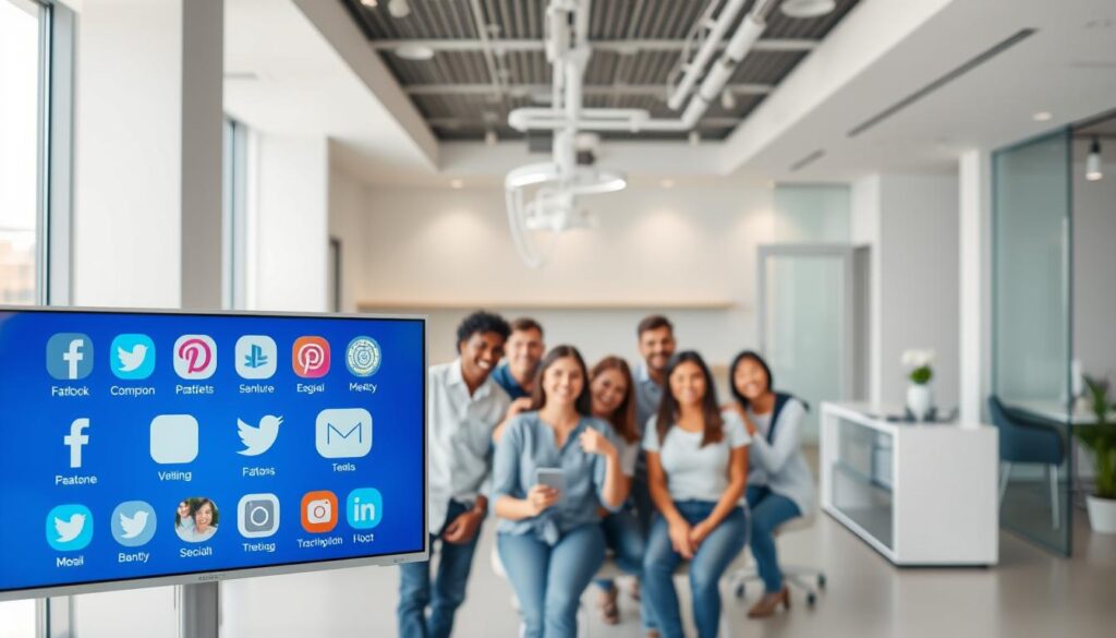 A modern dental clinic with a warm, inviting atmosphere. In the foreground, a large screen displays various social media platforms, each representing a different channel for engaging with patients. The middle ground features a group of smiling people, representing a diverse community of patients, interacting with the clinic's online presence. In the background, a minimalist, yet elegant office space with clean lines and natural lighting, conveying a sense of professionalism and care. The overall scene emphasizes the importance of social media in building strong relationships with patients and effectively promoting the clinic's services.