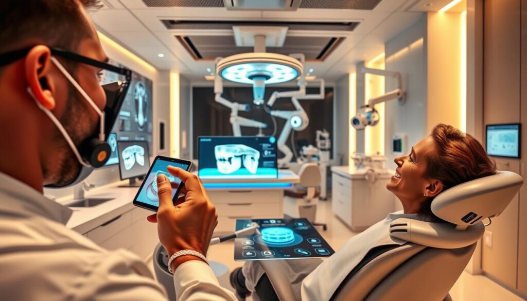 A modern dental clinic with cutting-edge technology. In the foreground, a dentist examining a patient's teeth using a digital scanning device, the screen displaying a 3D model. In the middle ground, a sleek, minimalist reception area with touchscreen interfaces and a holographic display showcasing the clinic's services. The background features a state-of-the-art surgical suite with robotic arms, imaging equipment, and an array of high-tech instruments. Warm, ambient lighting creates a calming atmosphere, while the clean, futuristic design conveys professionalism and innovation. The scene captures the integration of advanced technology seamlessly into the dental healthcare experience.