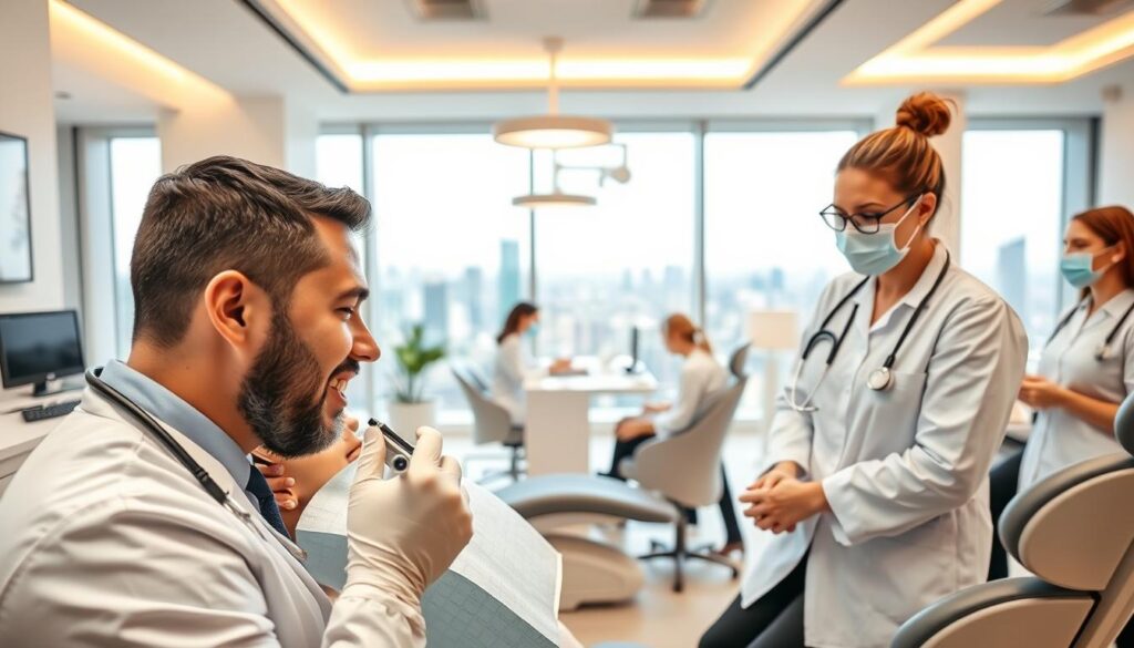 A modern dental clinic with patients receiving attentive care from a team of skilled professionals. The foreground features a dentist carefully examining a patient's teeth, their expressions conveying trust and empathy. The middle ground showcases a welcoming reception area, with clean lines, warm lighting, and ergonomic furniture. In the background, a panoramic view of the city skyline through large windows, suggesting a serene, high-end environment. The overall atmosphere is one of professionalism, comfort, and patient-centric focus, reflecting the strategic priority of exceptional patient care.