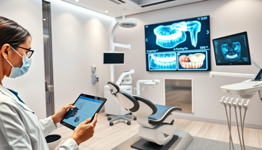 A modern dental clinic with sleek, minimalist decor. In the foreground, a dentist uses a tablet to access patient records and schedule appointments. The middle ground features advanced dental equipment like a high-tech chair, intraoral cameras, and a panoramic X-ray machine. In the background, a large display screen shows 3D renderings of dental procedures, illustrating the power of digital technology in patient education and treatment planning. The lighting is bright and professional, creating a calming, efficient atmosphere. The overall scene conveys the seamless integration of cutting-edge technology into the day-to-day practice of dentistry.