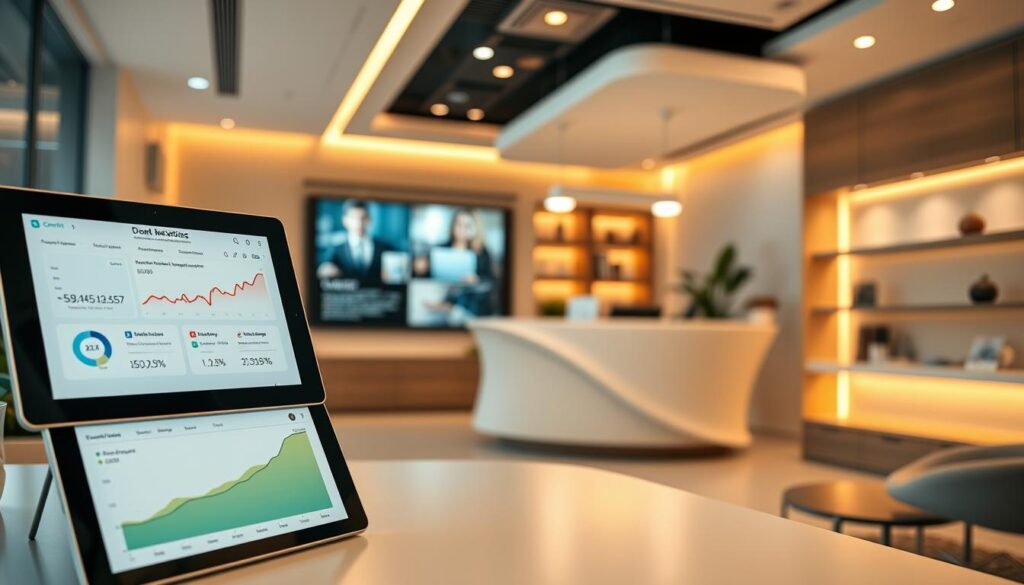 A modern dental clinic with sleek, minimalist design. In the foreground, a digital tablet displays marketing analytics and social media engagement metrics. The middle ground features a stylish reception desk, with a large, high-resolution display showcasing digital content and patient testimonials. In the background, warm lighting and natural elements like plants create a calming, professional atmosphere. The overall scene conveys an image of a forward-thinking, digitally-savvy dental practice, well-equipped to attract and retain patients through effective online marketing strategies.