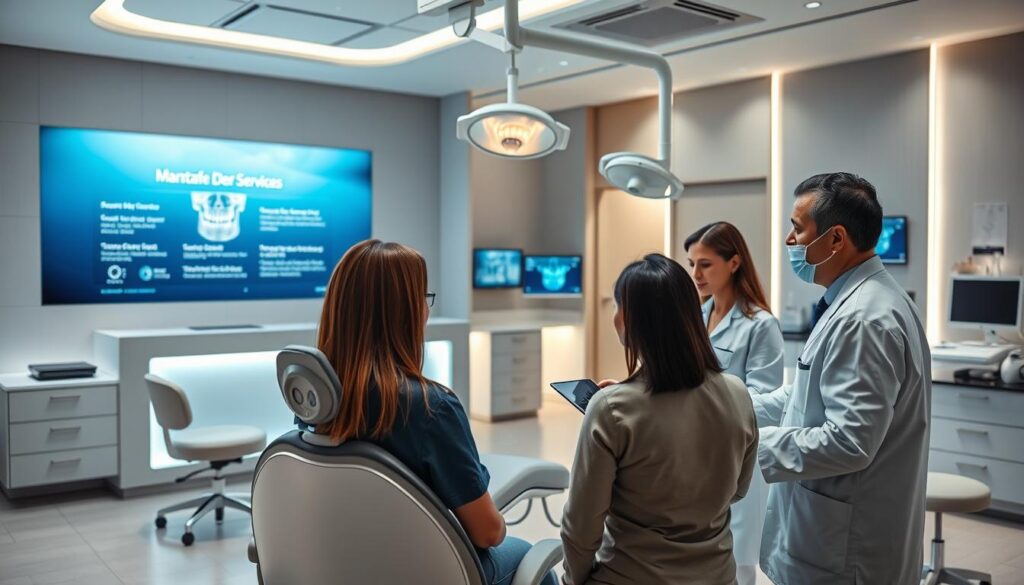 A modern dental clinic with sleek, minimalist furniture and equipment. The reception area features a large, backlit display showcasing the clinic's services. In the foreground, a patient is discussing treatment options with a dentist, their faces illuminated by the soft lighting. The background reveals an x-ray monitor, digital patient records, and other state-of-the-art technology used to streamline the implementation of the clinic's management system. The overall atmosphere conveys efficiency, professionalism, and patient-centric care.
