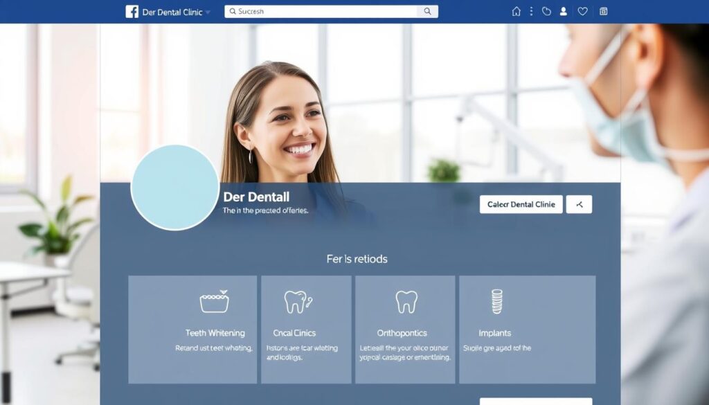 A modern dental clinic's Facebook page, featuring a clean and professional design. In the foreground, a smiling patient interacts with a dentist, conveying a warm, welcoming atmosphere. The middle ground showcases various services offered, such as teeth whitening, orthodontics, and implants, with clear icons and concise descriptions. The background depicts a serene, minimalist office setting, with natural lighting streaming through large windows. The overall composition emphasizes the clinic's commitment to patient-centric care and its digital presence as a tool for attracting new clients.