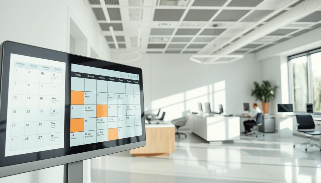 A modern dental clinic's scheduling system in a bright, airy workspace. In the foreground, a sleek, touchscreen appointment calendar dominates the frame, with a minimalist user interface showcasing upcoming bookings. The middle ground features a team of receptionists utilizing state-of-the-art computer terminals, efficiently managing patient records and coordinating schedules. The background depicts a clean, minimalist waiting area with comfortable seating and natural lighting streaming through large windows, creating a calming, professional atmosphere. The overall scene conveys a sense of efficiency, organization, and a commitment to providing patients with a seamless, technologically-advanced scheduling experience.