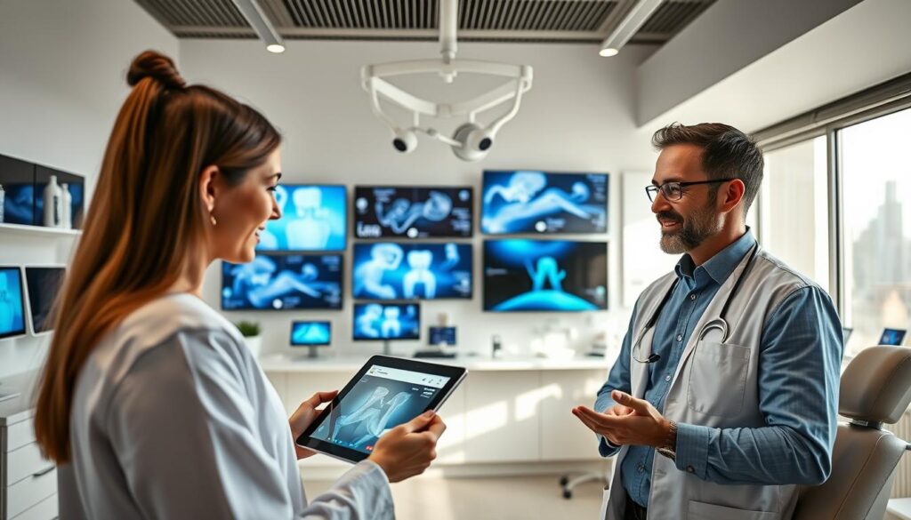 A modern dental office filled with sleek, minimalist digital devices. In the foreground, a dentist presenting a tablet to a patient, their expressions engaged in a digital consultation. The middle ground showcases an array of smart screens, digital signage, and interactive touch panels, all illustrating the latest advancements in dental technology and patient experience. The background depicts a calm, airy interior with natural lighting, creating a relaxing atmosphere conducive to effective dental marketing. The overall scene conveys the seamless integration of digital tools and efficient patient-centric services, showcasing the future of effective dental marketing.